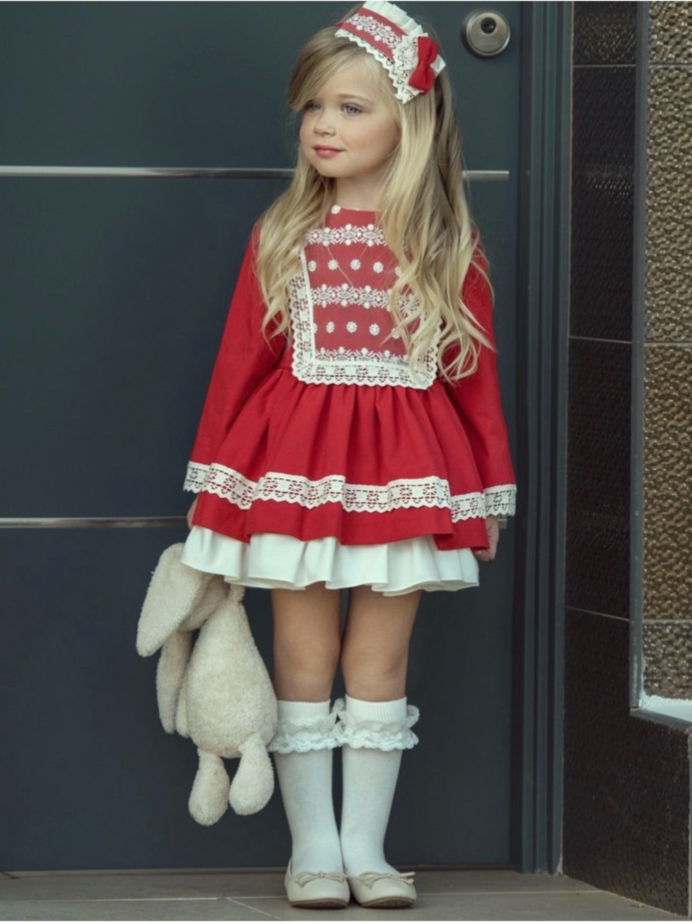 Red Lace-Trim Girls' Formal Dress with Headband